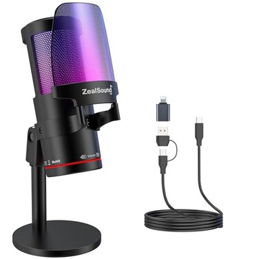 ZealSound USB Microphone for PC Mac iPhone Android Podcast Mic with Noise Cancellation Touch Mute RGB Light Volume Monitor Control for Streaming Gaming Podcasting ASMR TikTok Discord YouTube