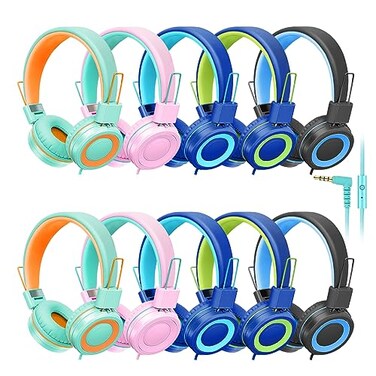 CN-Outlet CNOutlet 10 Pack Classroom Headphones Bulk for K12 School Kids Class Set Headphones for Students Teens Library Computer Testing Centers Mixed Color with Microphone