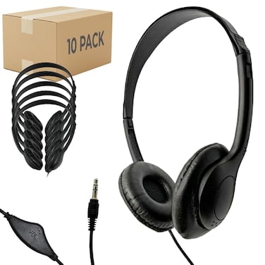 Soundnetic SNCCV Bulk Classroom Headphones 10 Pack Stereo Headphones with Leatherette Earpads Volume Control Black Ideal for Schools