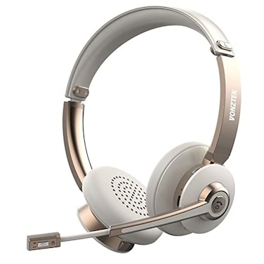 Vonztek Bluetooth Headset with Microphone Wireless Headphones with Noise Cancelling Mic 26hrs talktime On Ear Headphones with Mic Mute for MacLaptopZoomTeamsCall CenterOfficeHome Gold