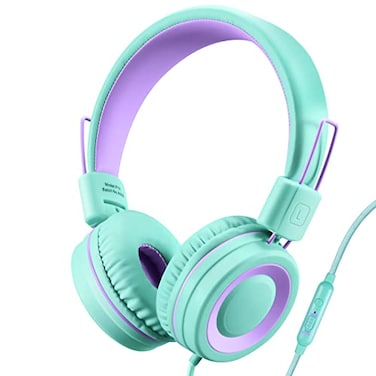 POWMEE P10 Kids Headphones with Microphone Stereo Headphones for Children Boys GirlsAdjustable 85dB94dB Volume Control Foldable OnEar Headphone with Microphone for SchoolPCCellphoneGreen