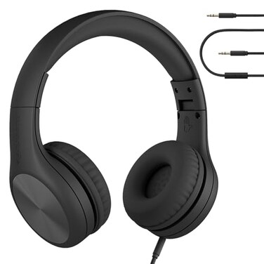 LilGadgets Connect Pro Wired Kids Headphones for School with Microphone Volume Limiting OverEar Headset with Cord SharePort Technology SoftTouch Padding Black