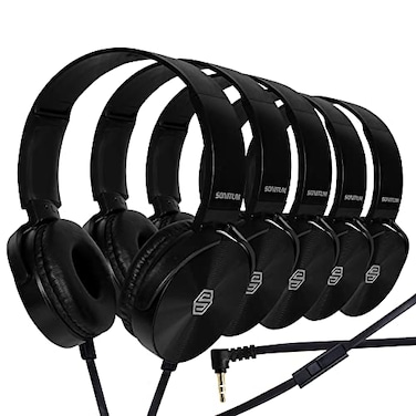 Sonitum Premium Classroom Headphone Mic Set 35mm Jack Stereo Sound Earphones with Microphone Soft Swivel On Ear Pads Perfect for ELearning Meetings Calls Bulk Pack of 5 Black