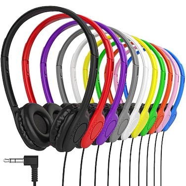 Maeline Bulk Headphones OnEar Wired Headphones Adjustable Headband with Soft Faux Leather Cushions for School Classrooms Libraries Travel 35mm Plug 10 Pack Multicolor