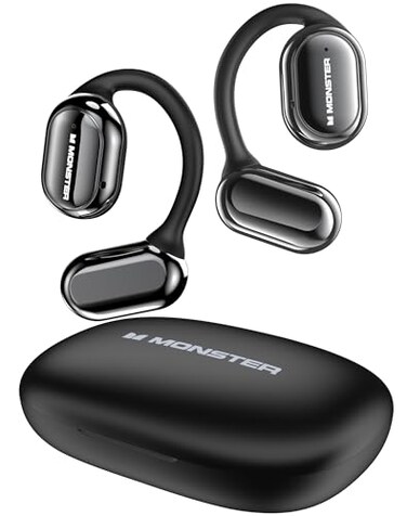 Monster Open Free AC100 Open Ear Bluetooth 53 Headphones Wireless Earbuds with Earhooks Immersive Stereo Sound by 16mm Large Driver Clear Calls 30H Playtime for Workout Black
