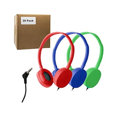 Early Bird Supply Bulk Headphones for School Library Classroom Airplane Hospital Museum Hotel Tours Gym Students Adjustable Disposable Reusable Comfortable Compact and Easy to Store Headsets 30Pack Bl