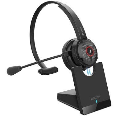 Delton Noise Canceling Bluetooth Computer Headset with Charging Dock Wireless Headset for LaptopPCiMacTabletSmartphones Compatible with MS Teams Zoom Google Meet Slack and More Black