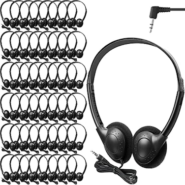 Frienda 48 Pack Classroom Headphones Bulk Wired School Headsets for Students Stereo Headphones with 35 mm Plug for Classroom Online Learning LibraryClassicBlack