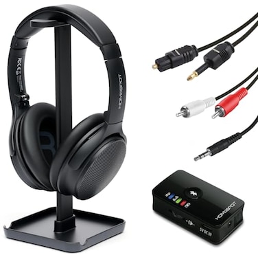 HomeSpot Wireless OverEar Headphones Transmitter Set for TV Movie Bluetooth 53 aptX LL No Delay 50 Hours Immersive Sound Enhanced Volume and Clarity Digital Optical TOSLINK RCA AUX