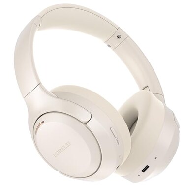 LORELEI QC60 Hybrid Active Noise Cancenlling HeadphonesWireless Over Ear Bluetooth Headsets with mic100H Playtime 3 EQ Mode Deep Bass Memory Earmuffsfor Travel Home OfficeBeige White