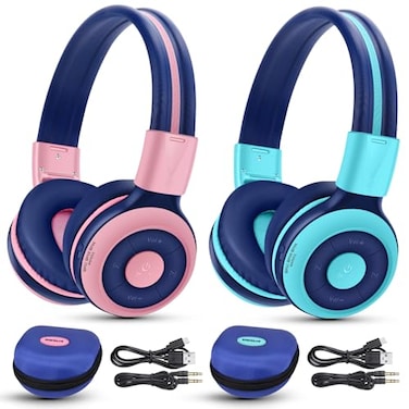 SIMOLIO 2 Pack Wireless Kids Headphones with Share Port 758594dB Volume Limiting HD Mic Bluetooth 60 USB C Charging Foldable with Case Wired Cord for iPad Tablet School Airplane Boy Girl