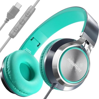 INFURTURE USB C Headphones Wired with Microphone TangleFree Plaiting LineOver Ear HeadphonesLightweight Foldable for SchoolTravelZoomiPhone 171615 Samsung Galaxy S25S24 Google Pixel 9 Ideal Gift
