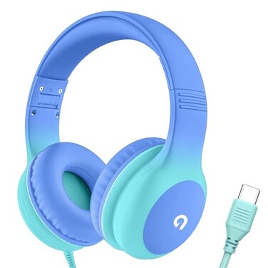 ADOOPE Wired Kids Headphones with USB C Plug 85dB Safe Volume Adjustable Headband TangleFree Cord Headphones for School Tablet Travel Sky Blue Mint Green Without Microphone