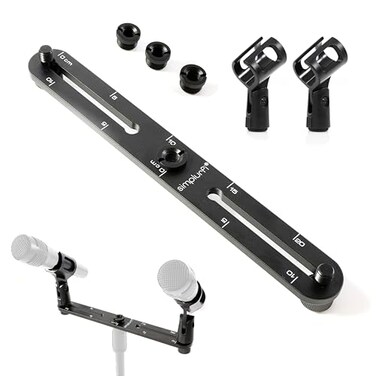 Simplurfi Stereo Array Spacing Microphone Mount with Ruled Markings Holds 2 Mics XY and ORTF Mic TBar Bracket Fits 38 and 58 Mic Stands with Included Adapter MICBARCLIPMARK