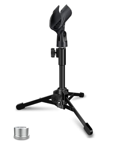 Mictop Desktop Mic Stand Portable Foldable Tripod with Mic Clip Holder and 58 Male to 38 Female Screw Adjustable Microphone Stand