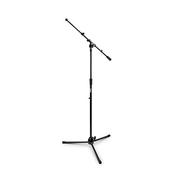 OnStage MS9701B HeavyDuty EuroBoom Mic Stand Setup for Vocal and Instrument Microphones Adjustable Height Portable Folding Tripod Base Rubber Feet Steel and Zinc 5827 Threading Black