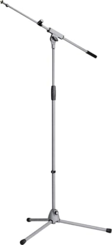 KM KM Konig Meyer 2108050087 Tripod Microphone Stand wExtendable Boom Arm Clutch Height Adjustment SoftTouch Lock Folding Leg Design Zinc DieCast Base German Made Gray Powder Coated