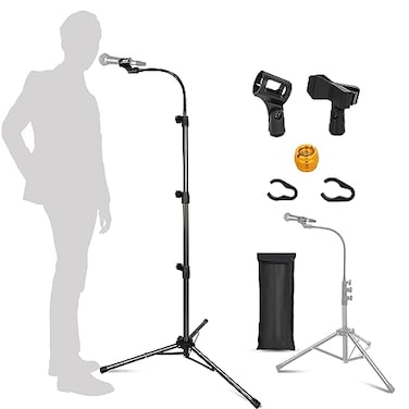 Raking Mic Stand Boom Microphone Stands Tripod Gooseneck Microphone Stand Height Adjustable from 24 to 67 with 2 Mic Clips for Singing Stage Performance Party Mic Mount