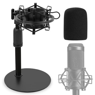 Frgyee Upgraded AT2020 Desktop Mic Stand Adjustable Mic Stand Desk with Shock Mount and Foam Windscreen for Audio Technica AT2020 AT2020USB AT2035 ATR2500 Condenser Mic