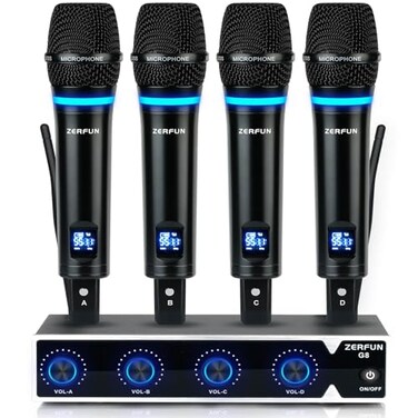ZERFUN Rechargeable Wireless Microphone System 4 Channel Pro UHF Metal Handheld Wireless Mics Cordless for Church Karaoke Singing with Volume Control 4x50 FrequencyG8