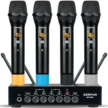 ZERFUN Pro Wireless Microphone System 4 Channel UHF Metal Cordless Handheld Mics with Echo Bluetooth for Church Karaoke Singing 4x50 Adjustable FrequencyMU898 Battery 4 Handheld