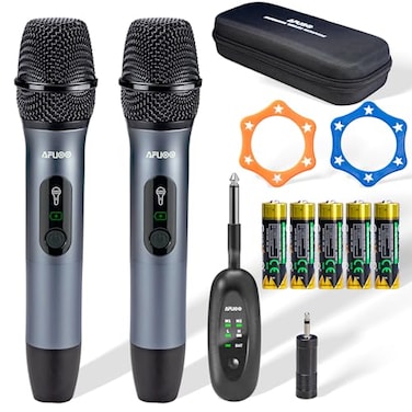AFUOO Wireless Microphone Set for Singing Speech Karaoke 24GHz DualMic Receiver 200ft Storage Bag Included Metal Cordless Mic 2 Pack for Karaoke Machines PA Systems PartyBox GrayBlue