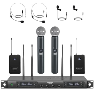 Phenyx Pro 4Channel Wireless Microphone System wAuto Scan 4x40 UHF Frequencies 2 Handheld Dynamic Mics 2 Bodypacks HeadsetsLapel Microphones for Singing DJ Church PTU70002H2B