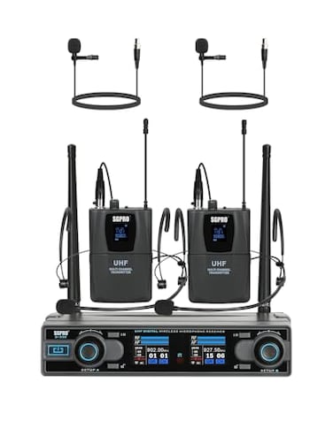 SGPRO Dual Channel Wireless Microphone System with Two Bodypack Transmitters Two Headset Micriophones and Two Lavalier Mics for Live Recording of Sining and Speaking D332BB