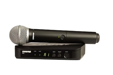 Shure BLX24PG58 Handheld Wireless Audio System H10 Band 542572 MHz BLX4 Receiver BLX2 Transmitter with PG58 Dynamic Mic Up to 14 Hr Battery 300 ft Range