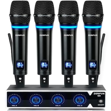 ZERFUN 4 Channel Rechargeable Wireless Microphone System Pro UHF Metal Handheld Wireless Microphones Cordless Mics for Karaoke Singing Church with VOL Control 4x50 Adjustable FrequencyG8