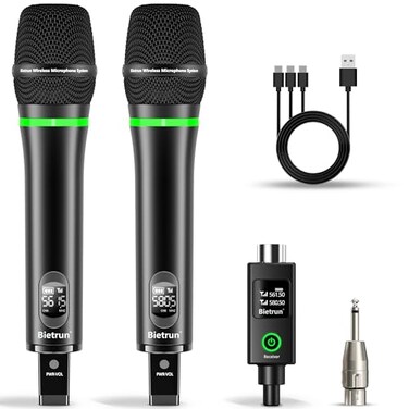 Bietrun XLR Wireless Microphone Rechargeable Dual Metal Cordless Handheld Dynamic Mics for Mixer Audio Interface PA Amplifier System Church Singing KaraokeUHF 240FT Rangewith 635 Adapter