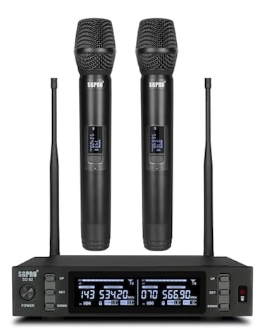 SGPRO Dual Wireless Microphone System Metal Handheld Mics Receiver Adjustable UHF Channels 520590 MHz Range Antenna Diversity Ideal for Professional Audio and Events