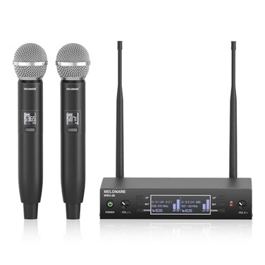 MELONARE Dual Channel Wireless Microphone System AutoScan Professional Cordless Dynamic Mic Set 260ft Range 2x100 UHF Metal Wireless Mic for Singing Karaoke Church Wedding DJ MWU202H