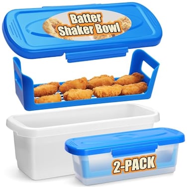 Flybok Batter Bowl with Lid 2Pack Fish Batter Shaker Better Breader Shaker Bowl with Breading Shaker Tray Batter Bowl with Lids Shaker for Frying Chicken Wings Fish Onion Rings Veggies