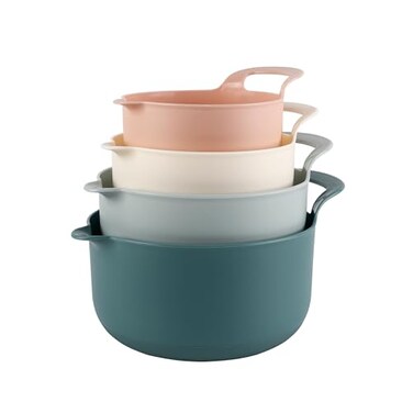 COOK WITH COLOR Nesting Plastic Mixing Bowl Set with Pour Spouts and Handles Teal and Pink 4 Piece NonSlip