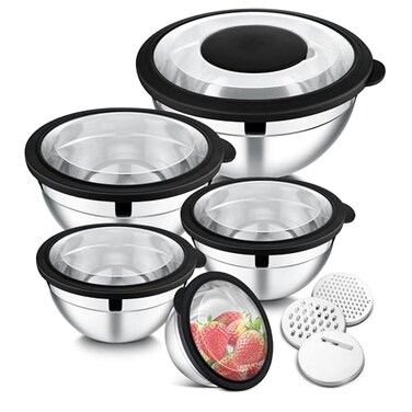 E-far Efar Mixing Bowls Set of 5 Stainless Steel Salad Mixing Bowl with Transparent Lid Metal Nesting Bowl Attach with 3 Graters for Kitchen PreppingServingBakingStorage 462615107 QT Black