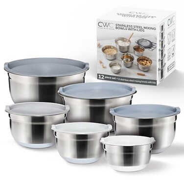 COOK WITH COLOR Stainless Steel Mixing Bowls Set with Lids Nesting Bowls with NonSlip Bottom Grey 12 Pieces