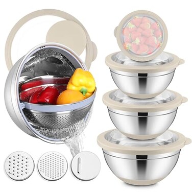 E-far Efar Mixing Bowls with Lids Set 15PCS Stainless Steel Mixing Nesting Bowl with Colander 3 Metal Grater for Kitchen PrepBakingStorage NonSlip Bottom Airtight Lid 46 3 15 1 07QT Khaki