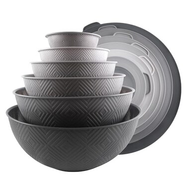 COOK WITH COLOR Mixing Bowls with Lids 12 Piece Plastic Nesting Bowls Set includes 6 Prep Bowls and 6 Lids Microwave Safe Mixing Bowl Set Grey Rhombus