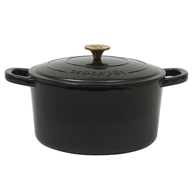 Crock-Pot Crock Pot Artisan 7Quart Round Cast Iron Dutch Oven with Lid Black Enamel Finish Gold Knob Durable HeavyDuty Cookware for Slow Cooking Baking and Roasting