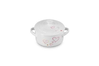 Le Creuset Mon Coeur Collection Stoneware Classic Round Mini Cocotte 8 Oz White with Hearts