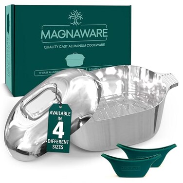 MAGNAWARE Cast Aluminum Oval Dutch Oven with Lid 5 QT Heavy Duty Roaster Pan with Rack Silicone Cover Dual Handles Cajun Cookware for Roasting Baking Cooking 11 Small