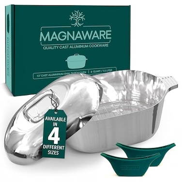 MAGNAWARE Cast Aluminum Oval Dutch Oven with Lid 8 QT Heavy Duty Roaster Pan with Rack Silicone Cover Dual Handles Cajun Cookware for Roasting Baking Cooking 13 Medium