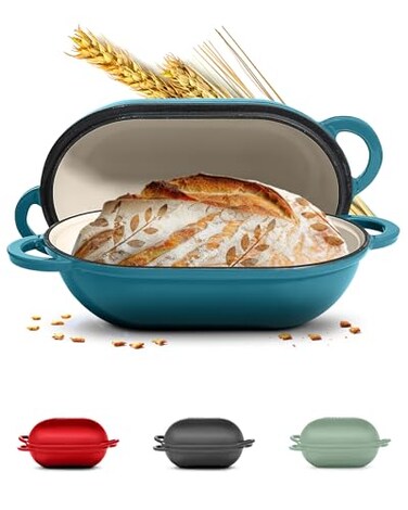 ROSSALLINI Signature Enameled Cast Iron Sourdough Bread Oven NonStick with Tight Fitting Lid for Perfect Baking and Bread Making 2QT Oval Oven With Lid Ocean Blue
