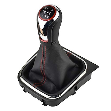 Malcayang Black Leather with Red Stitching Gear Shifter Knob Boot Cover with 6 Speed Manual Shift Knob and Bracket Base Assembly for Volkswagen Jetta for Golf MK5 MK6 MK7 Scirroco Eos