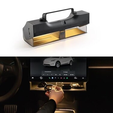 TPARTS Hidden Magnetic Under Screen Storage Box for Tesla Model 3Y with OpenClose Design Center Console Organizer Dashboard Vehicle Tissue Holder with Smart Warm White Light