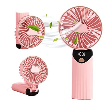 srdmuph Handheld Fan Portable Multifunction Personal Fan Digital Display 5 Speed Foldable Desk Fan with Base Lash Makeup Outdoor Travel Pink
