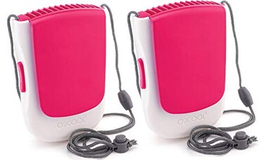 O2COOL Deluxe Necklace Fan Battery Powered HandsFree Personal Cooling Fan wAdjustable Lanyard Table Top Stand Wearable Clip Pink 2 Pack