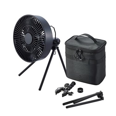 ELECOM NESTOUT Outdoor Camping Fan with Tripod 4 Speed Settings Breeze Mode 3 Angle Oscillation 90 Adjustable Tilt Timer 306090 mins USB C Compatible Portable Tent Fan Black Full Kit