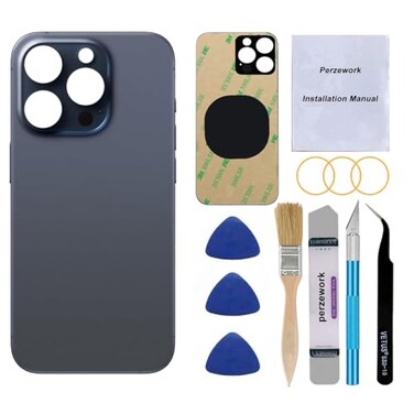 Perzework OEM Rear Back Glass Replacement for iPhone 15 Pro Max 67inches with Reparing Tool Kit and PreInstalled Adhesive Blue Titanium